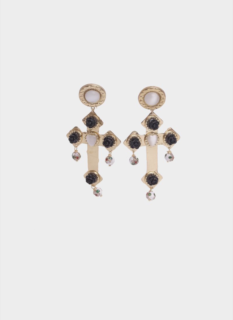 Orecchini a forma di croce in ottone con roselline Mariella Gennarino